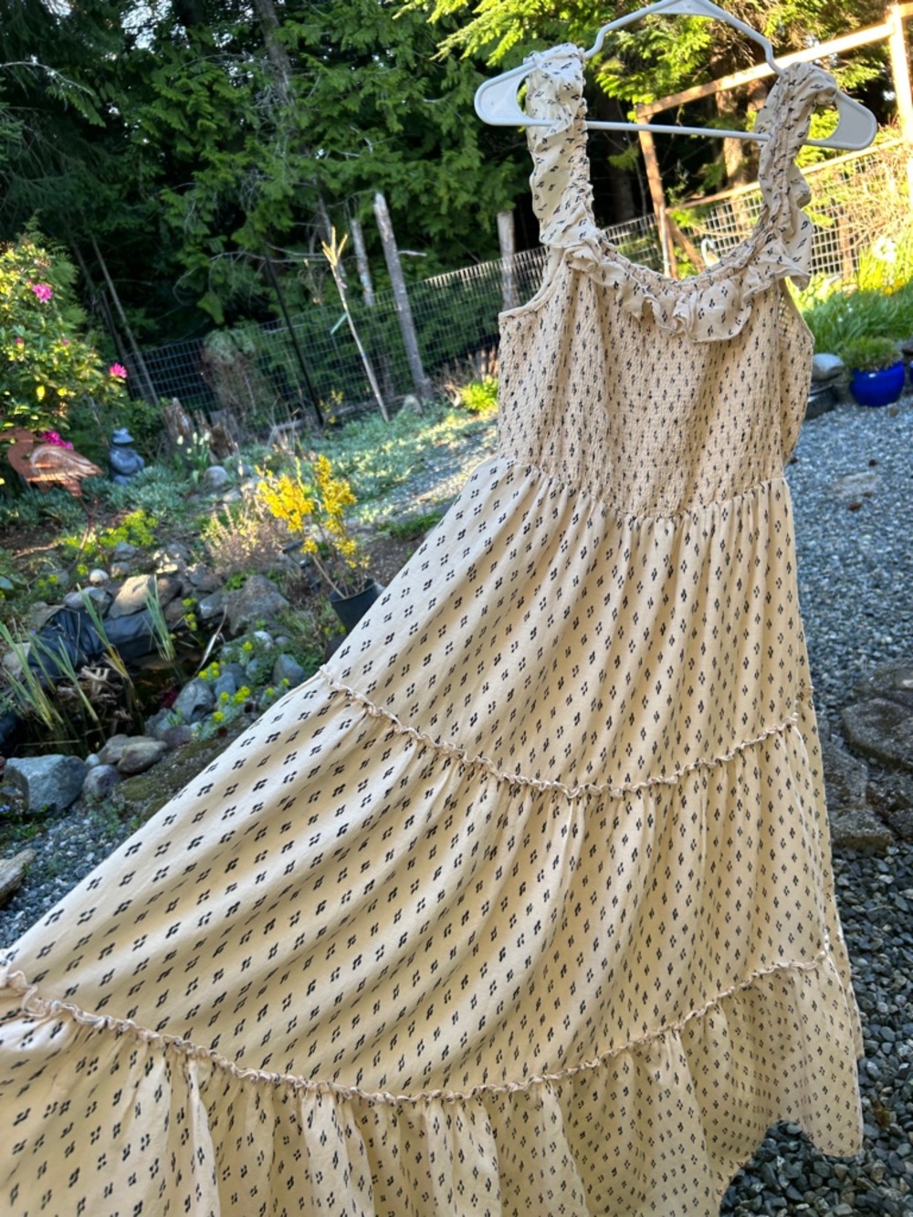 Old Navy Buttermilk Maxi Dress with Navy Print and Ruffle Neckline